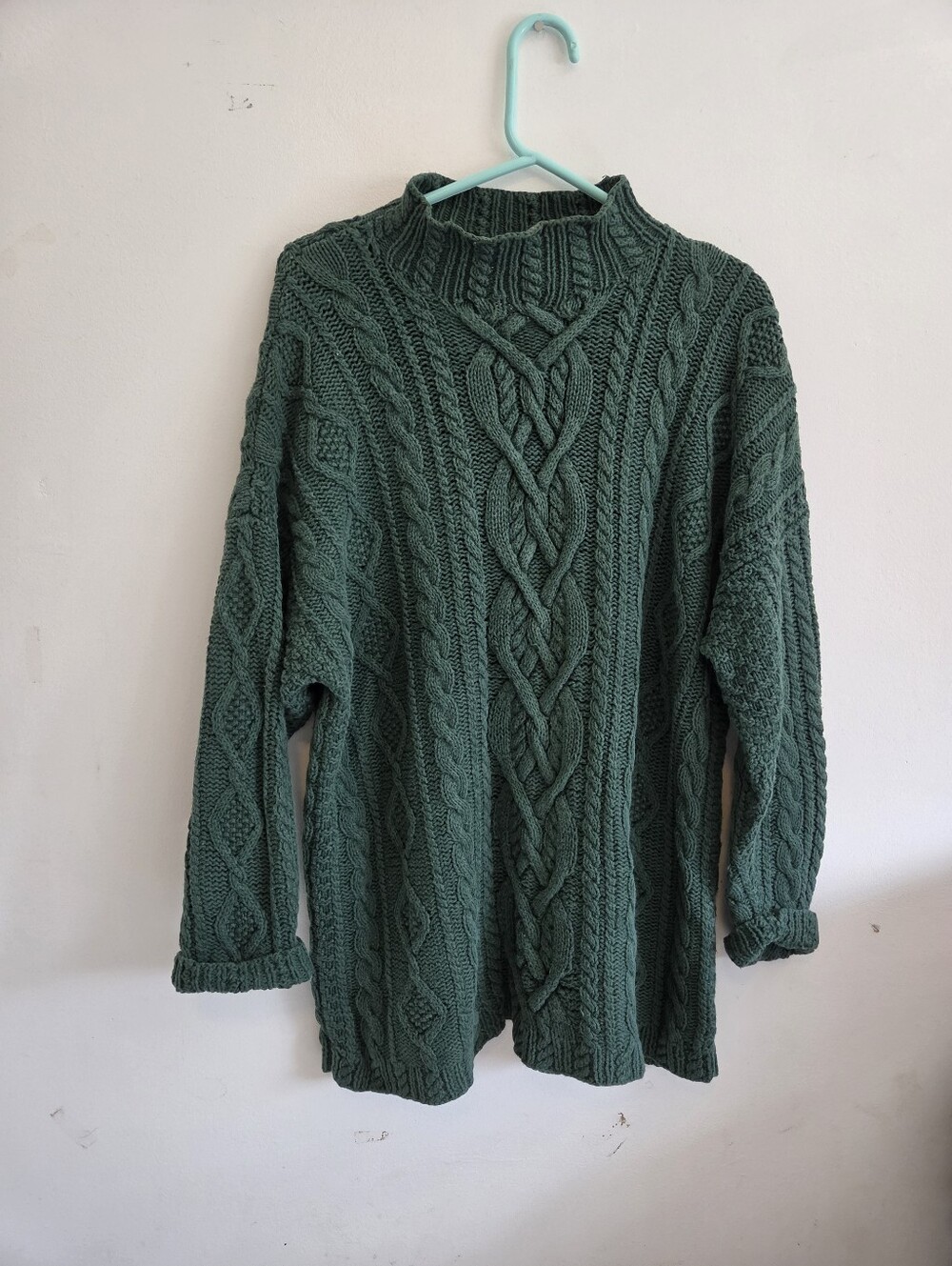 Vintage MODA Women’s L Green Cable Knit Sweater Tunic Ramie Cotton Chunky Knit
